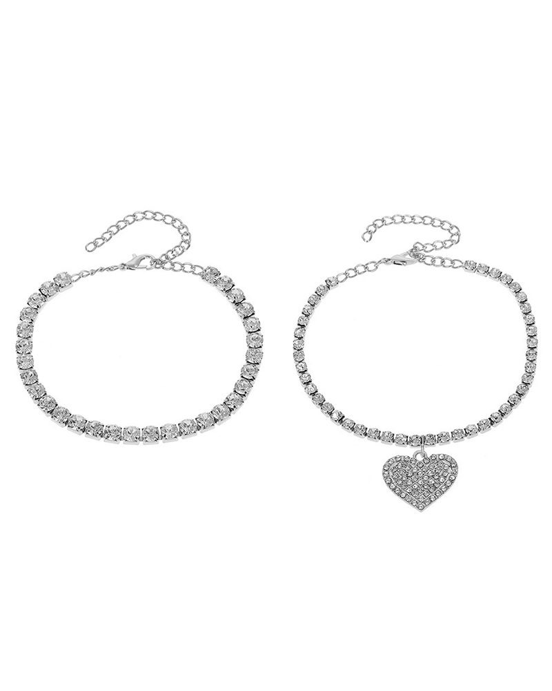 2pcs Rhinestone Heart Pattern Stackable Anklet Set