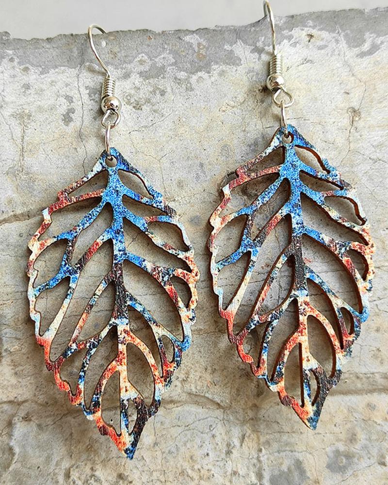 1Pair Retro Bohemian Hollow Out Leaf Shaped Drop Earrings