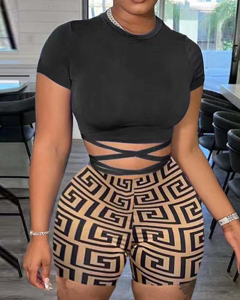 Crisscross Crop Top & Geometric Print Shorts Set