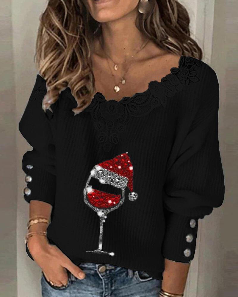 Christmas Wine Glass Print Lace Patch Long Sleeve Top