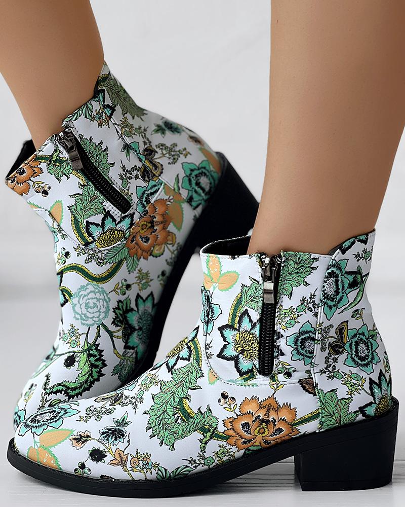 Vintage Floral Tribal Pattern Zipper Back Ankle Boots