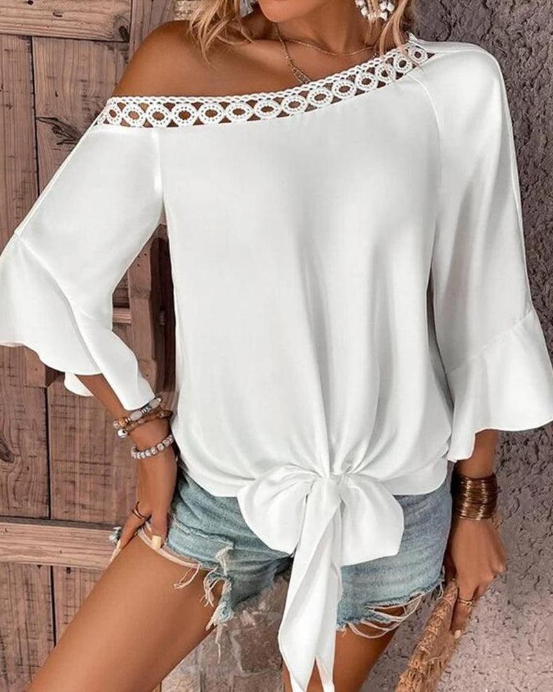 Skew Neck Hollow Out Ruffle Sleeve Top