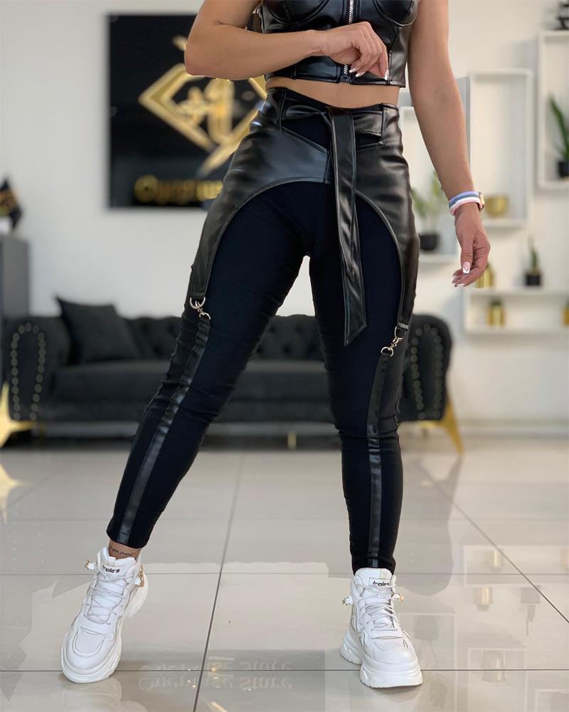 Contrast PU Leather Tied Detail High Waist Pants