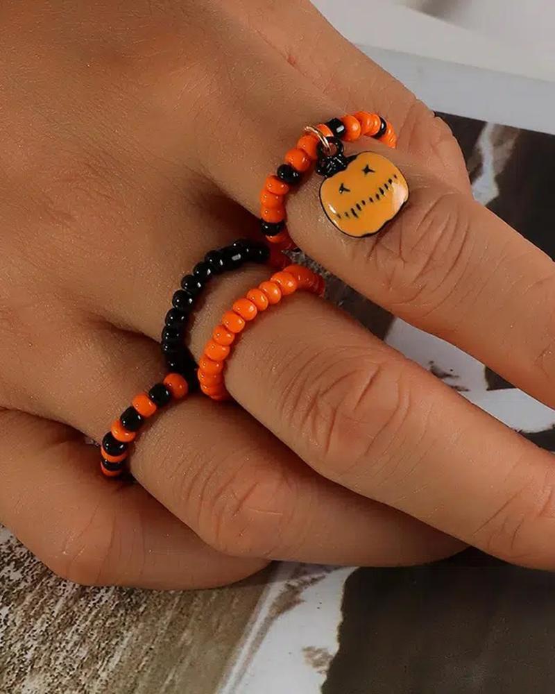 4pcs Halloween Beaded Pumpkin Pattern Ring Set