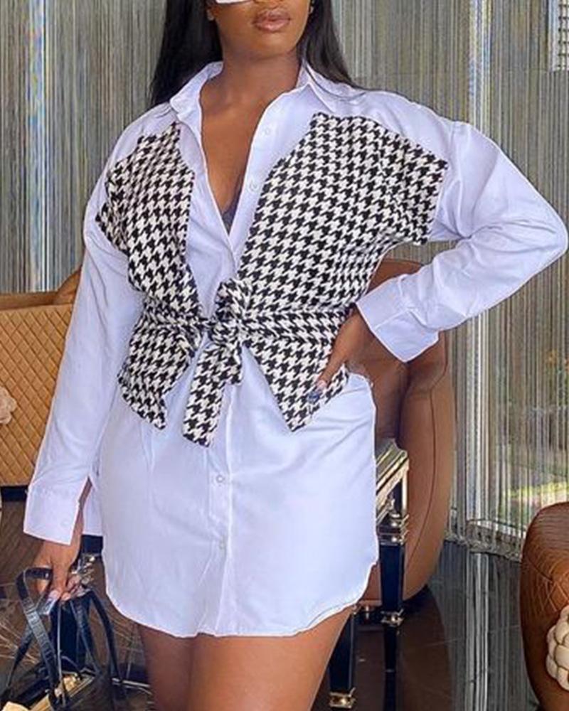 Houndstooth Print Patch Button Down Shirt Dress