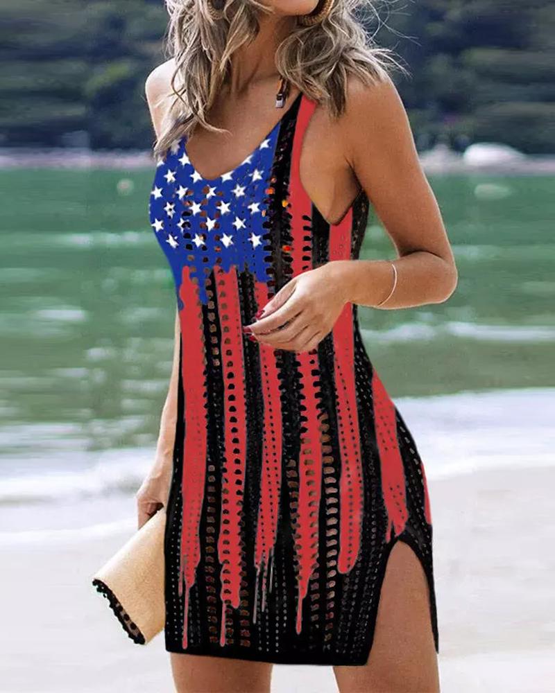 Independence Day Flag Print Slit Crochet Cover Up Knit Dress