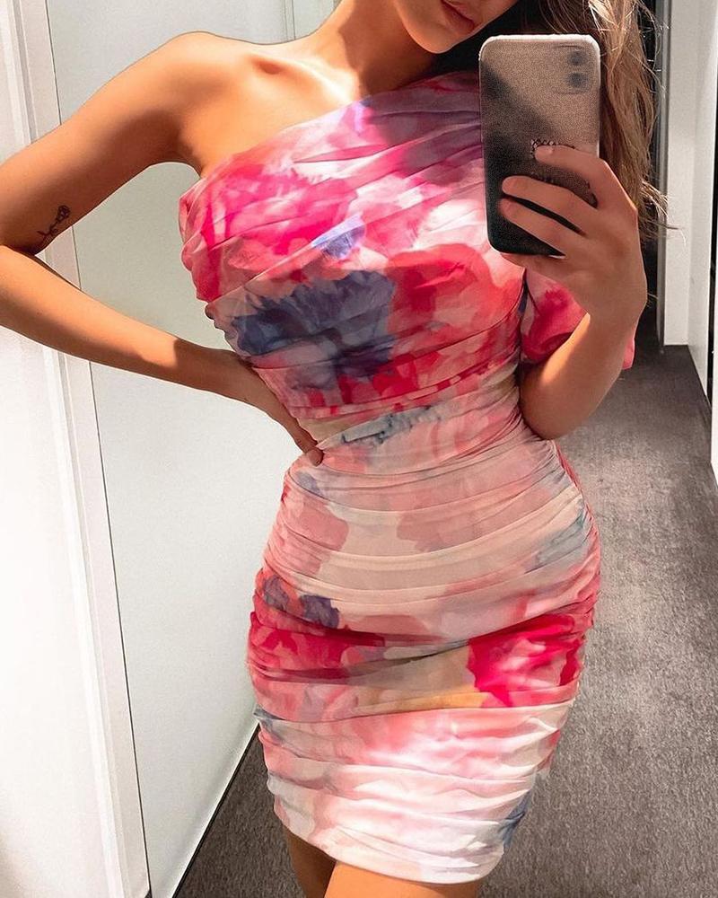 One Shoulder Abstract Print Ruched Bodycon Dress