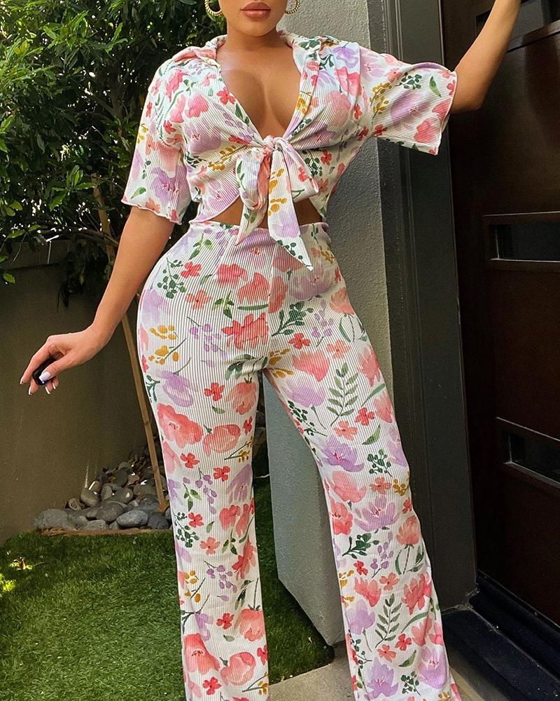 Floral Plants Print Knotted Top & Pants Set