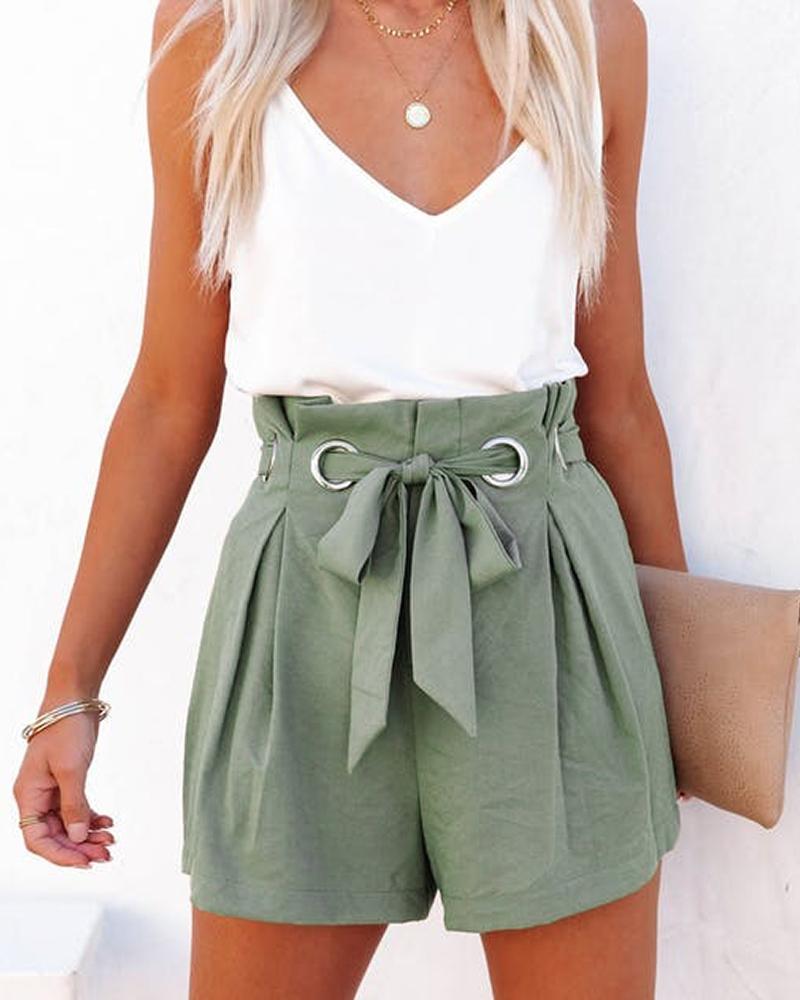  Ruched High Waist Eyelet Tied Detail Shorts