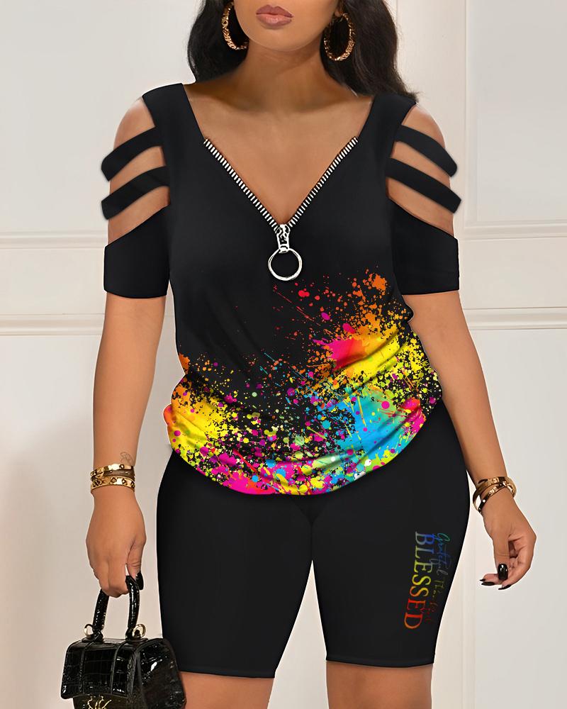 Ink Splash Grateful Thankful Blessed Print Top & Shorts Set