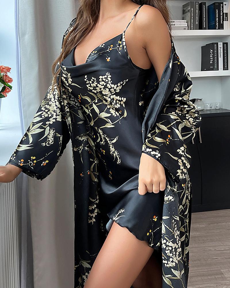 Robe &Gown Sets  ChicMe Plants Print Cowl Neck Night Dress With Robe