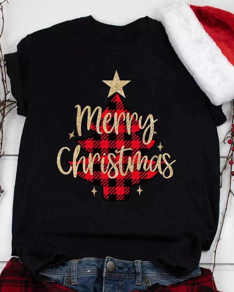 T-shirt & Tees  ChicMe Christmas Plaid Tree Letter Print Casual T-shirt