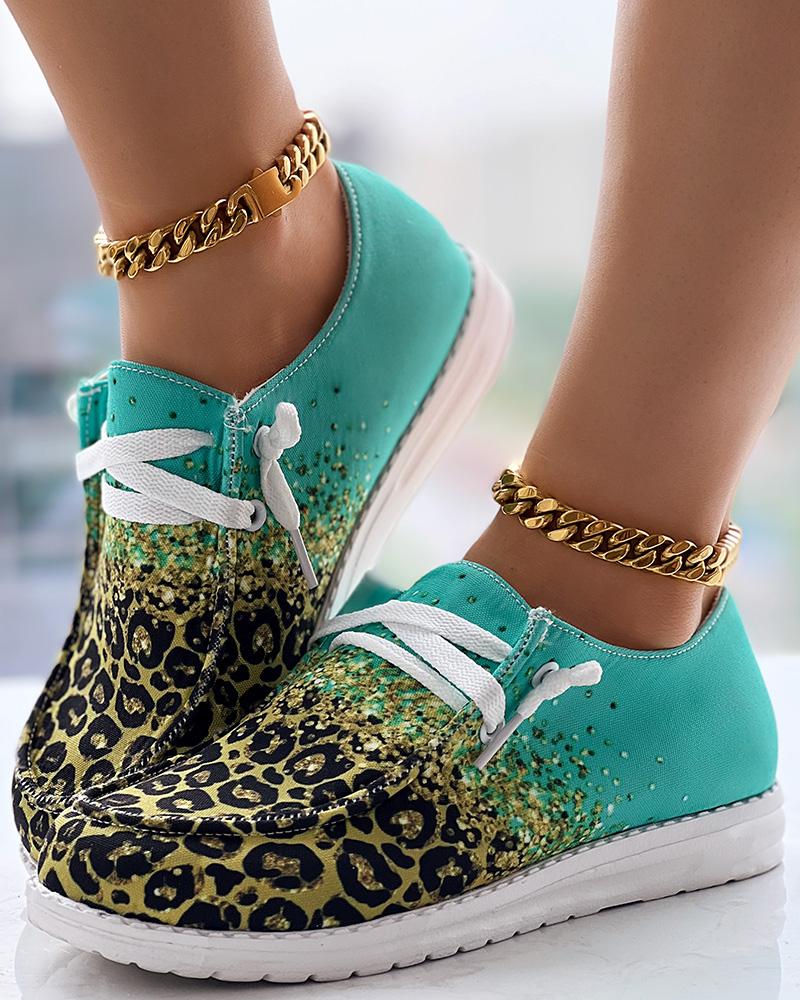 Contrast Leopard Print Lace-up Slip-On Loafers