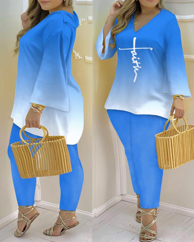 Plus Size Faith Print Ombre Bell Sleeve Top & Pants Set