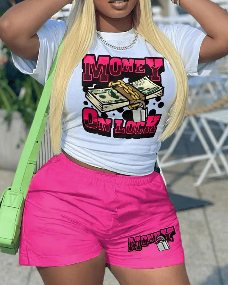Plus Size Money On Lock Graphic Print Top & Shorts Set