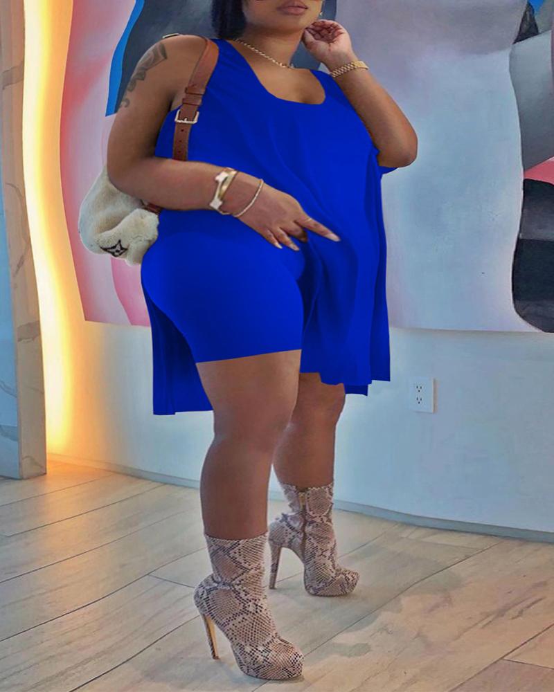 Plus Size Side Slit Casual Tank Top & Shorts Set