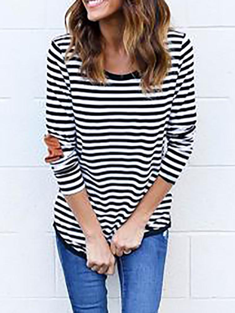 Fashion Leather Elbow Patches Striped T-shirt