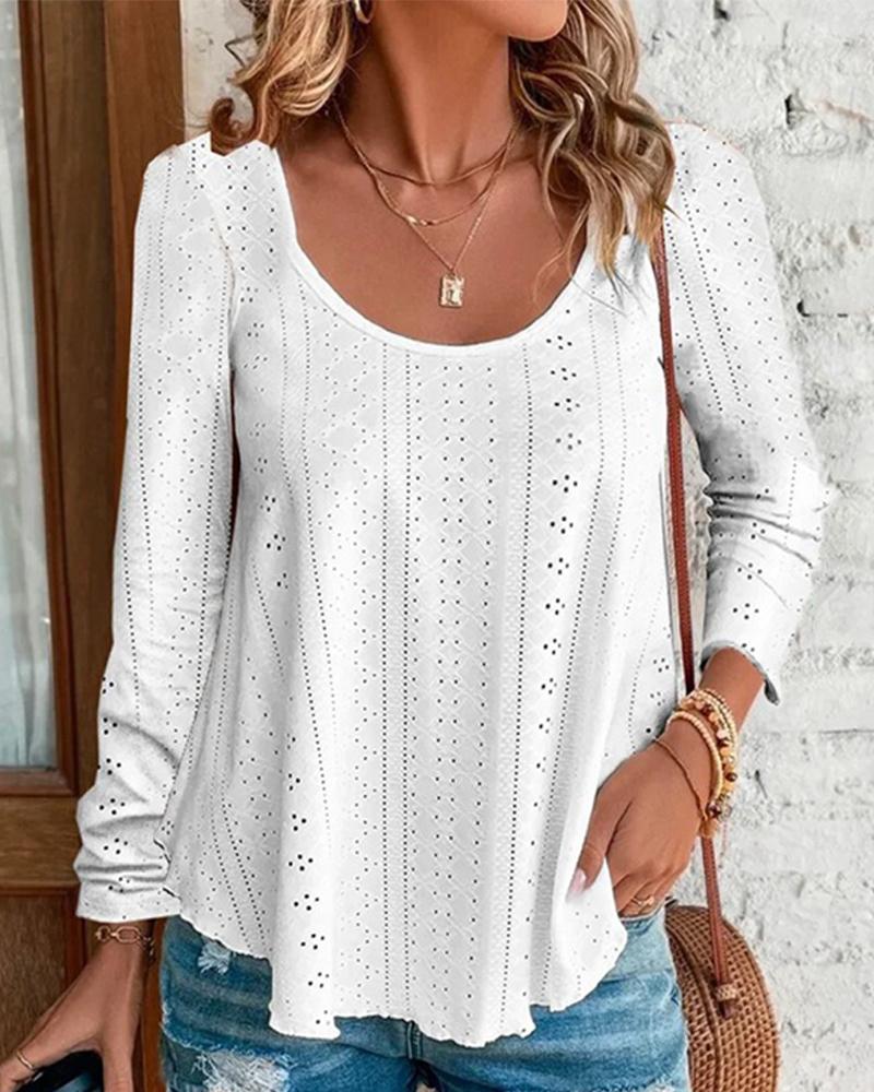 Scoop Neck Eyelet Embroidery Casual Top