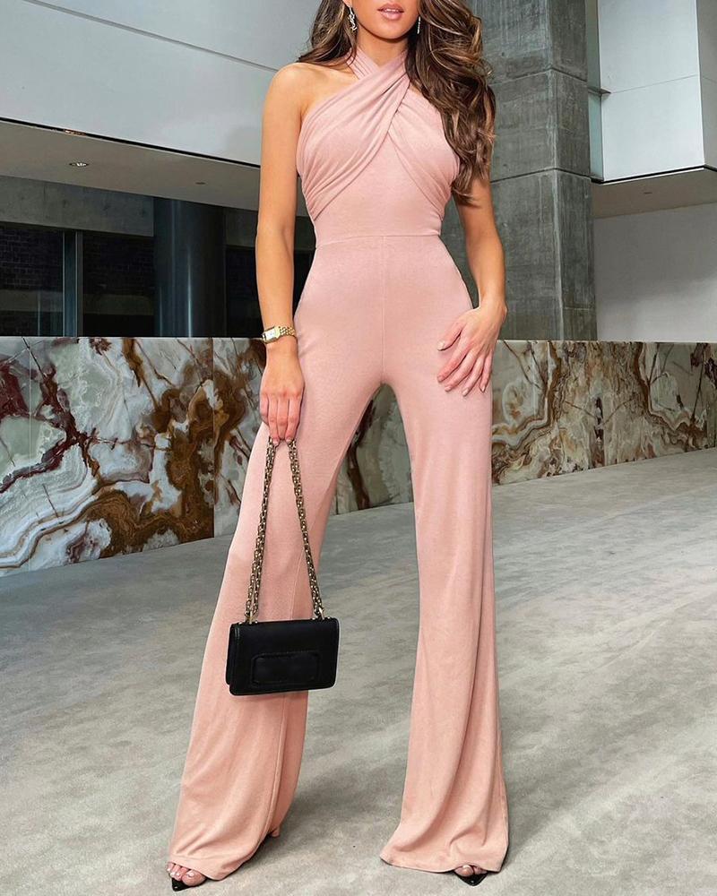 Halter Ruched Sleeveless Wide Leg Jumpsuit