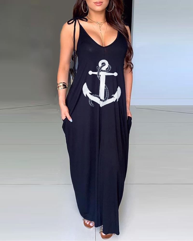 Anchor Print Pocket Design Casual Dress