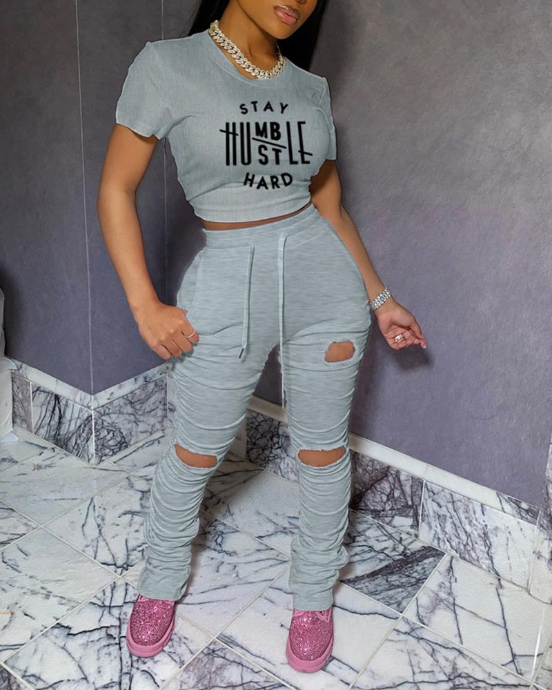 Stay Humble Hustle Hard Print Crop Top & Cutout Ruched Pants Set