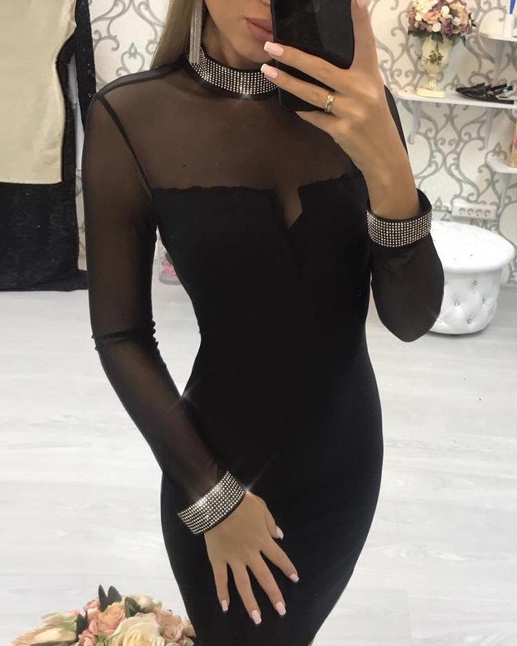 Little Black Dresses Hot Drilling Sheer Mesh Bodycon Dress