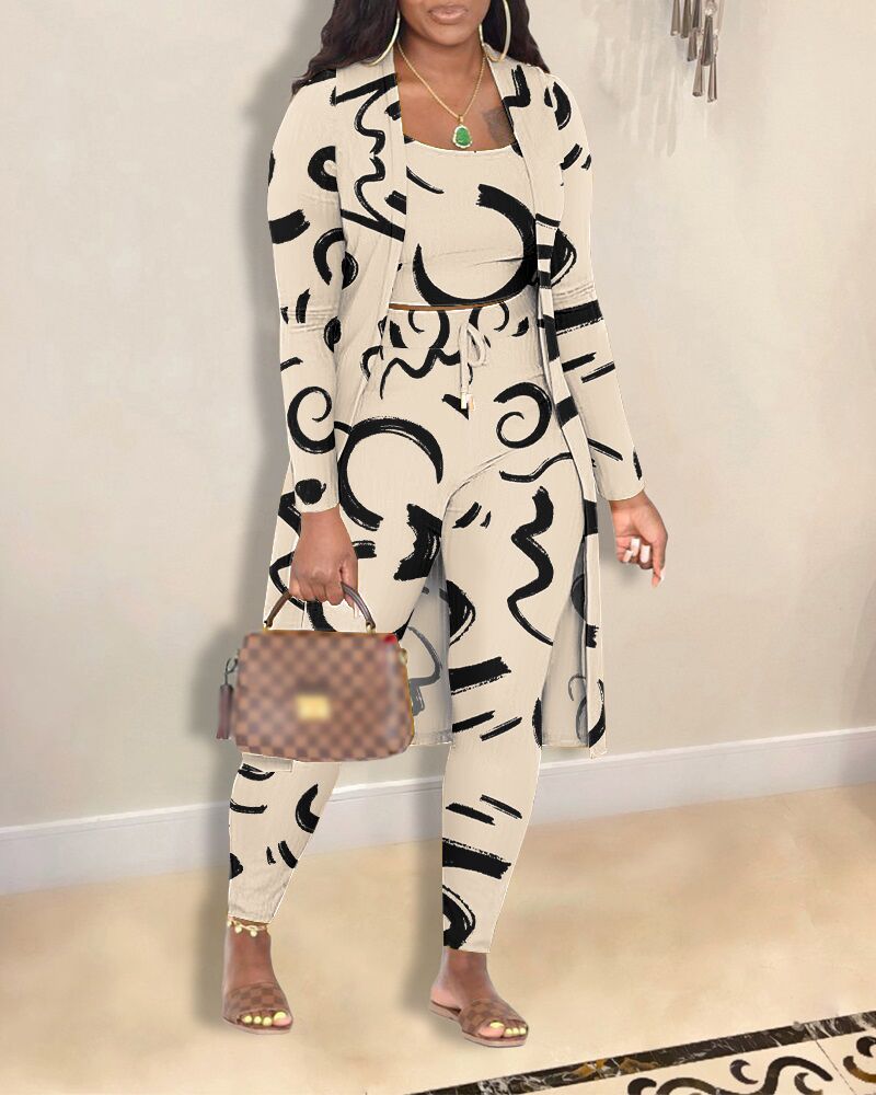 3PCS Abstract Print Cami Top & Pants Set With Coat