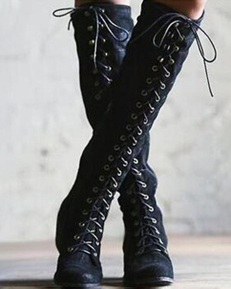 Eyelet Lace-up Studded Side Zipper Boots