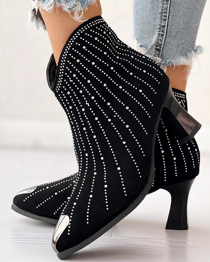 Rhinestone Decor Chunky Heel Ankle Boots