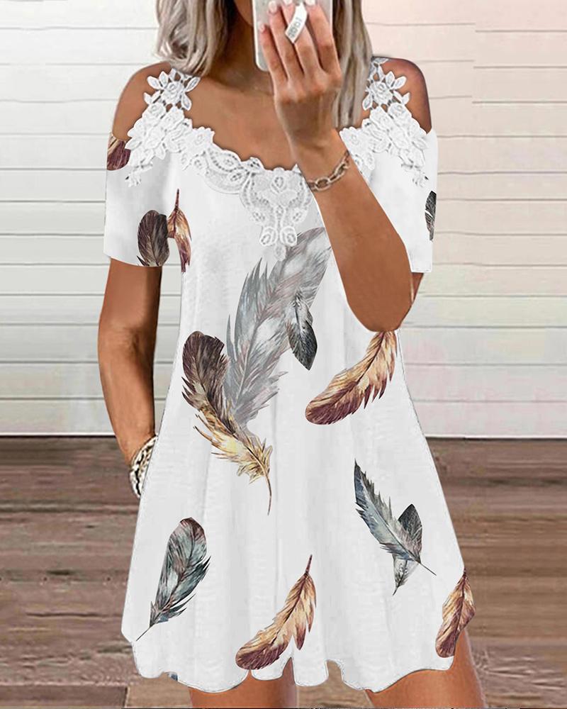 Feather Print Contrast Lace Cold Shoulder Swing Dress
