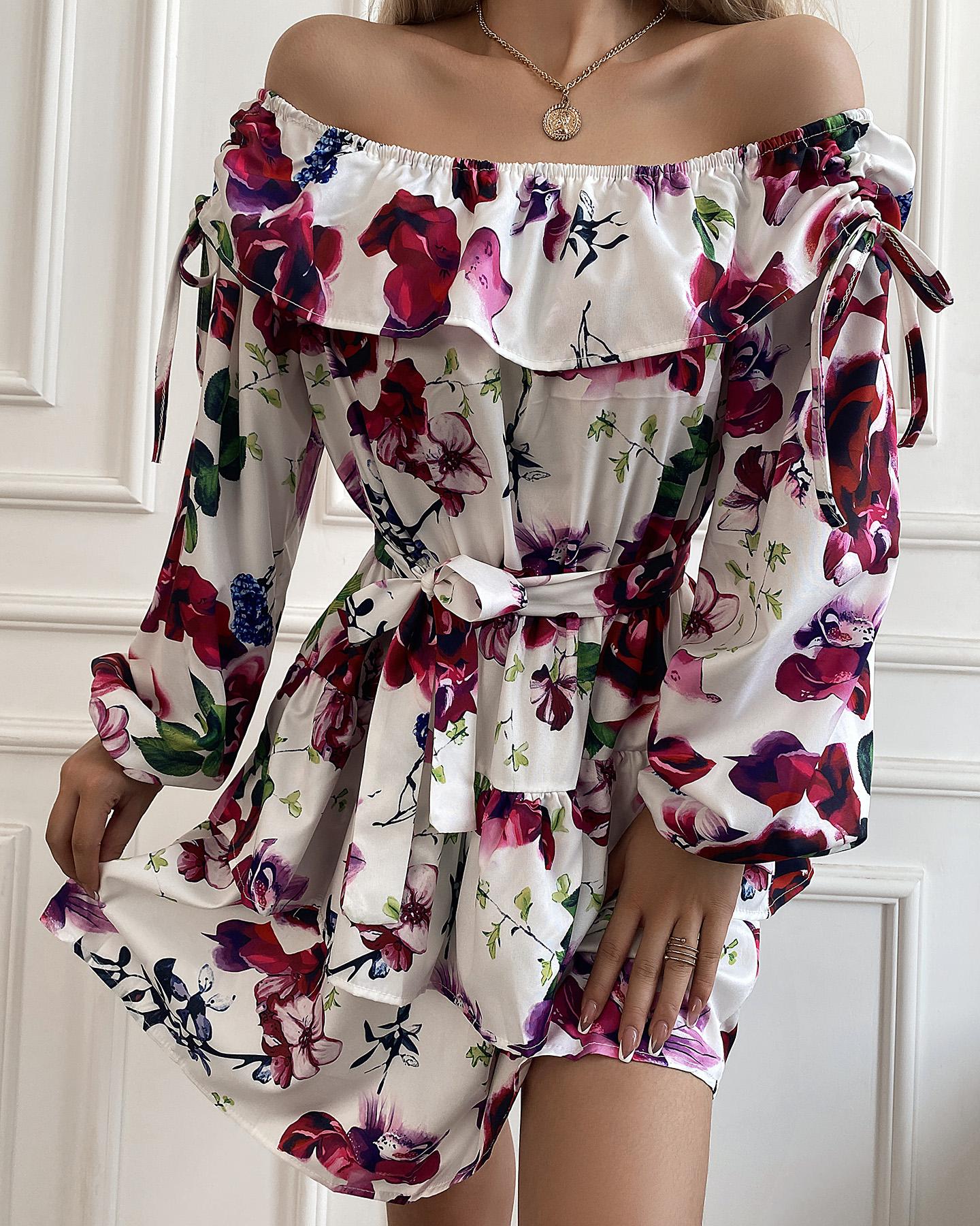 Floral Print Off Shoulder Long Sleeve Ruffle Trim Dress