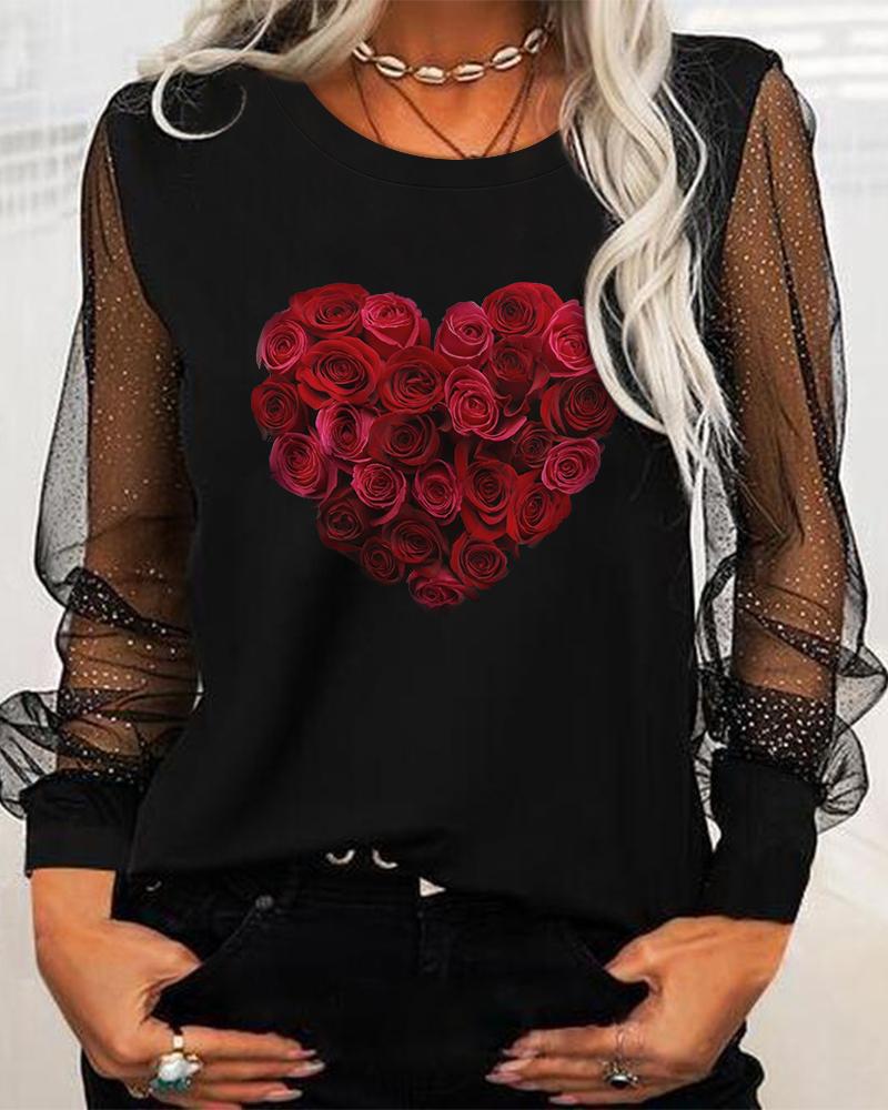 Valentine's Day Floral Heart Print Contrast Mesh Long Sleeve Top