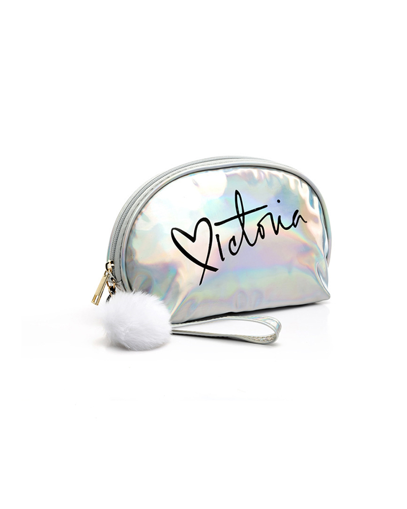 Letter Print Laser Pom Pom Makeup Bag