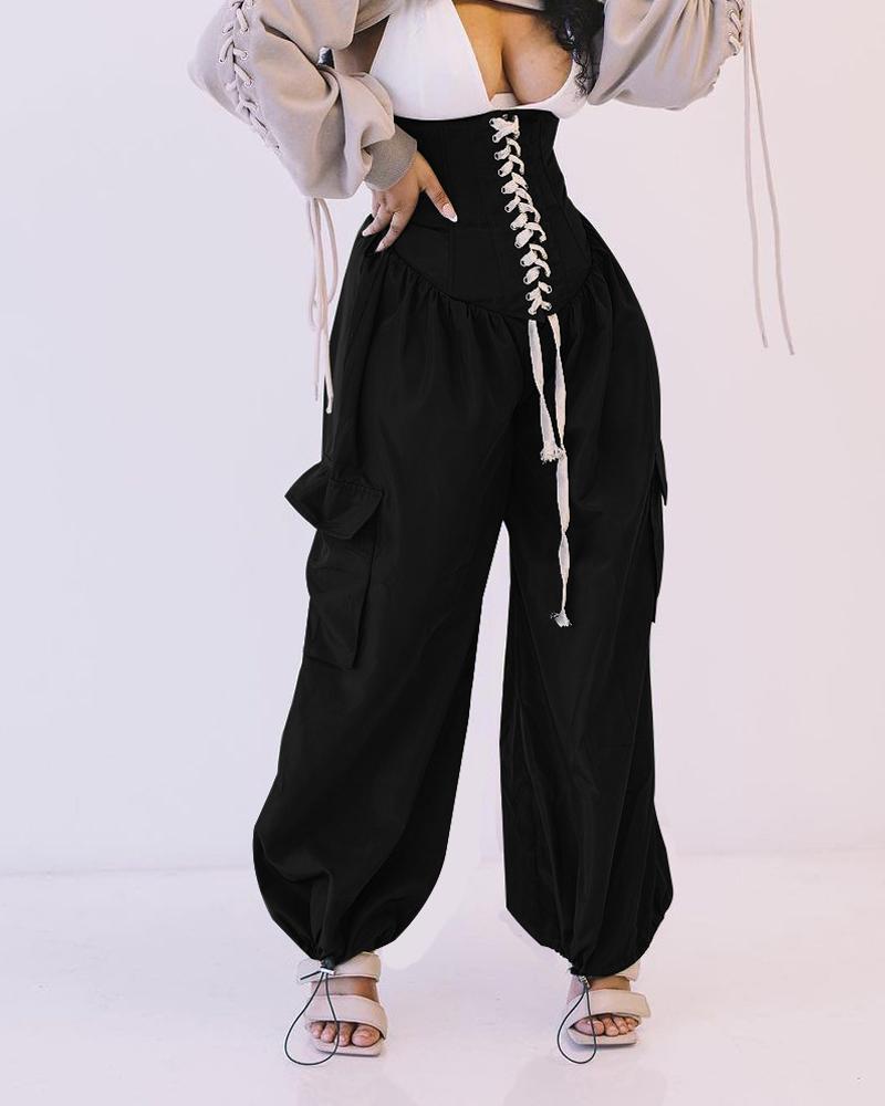 Grommet Eyelet Lace-up Corset High Waist Pants