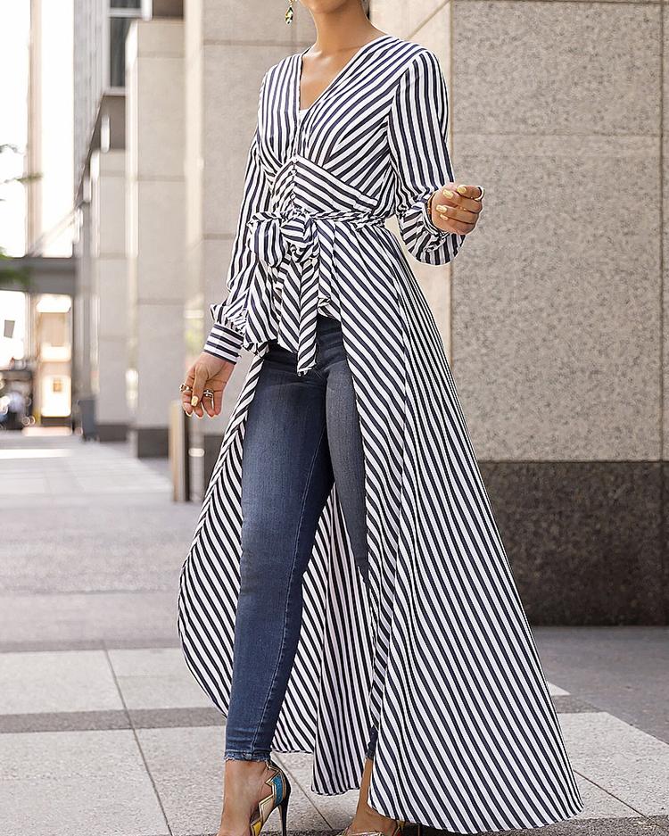 V-Neck Striped Tie Waist Dip Hem Irregular Blouse