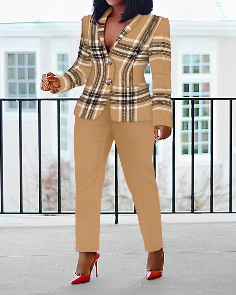 Plus Size Plaid Print Buttoned Blazer Coat & Pants Set