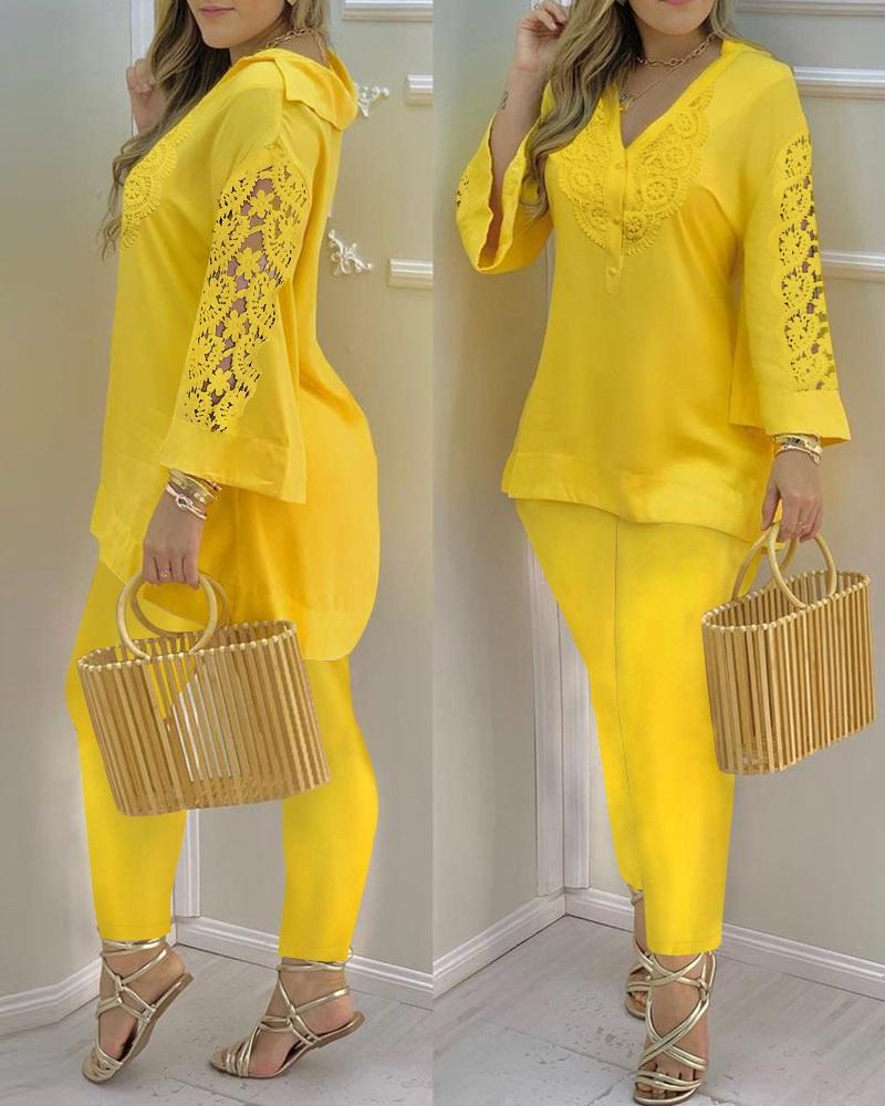 Contrast Lace Bell Sleeve Top & Pants Set