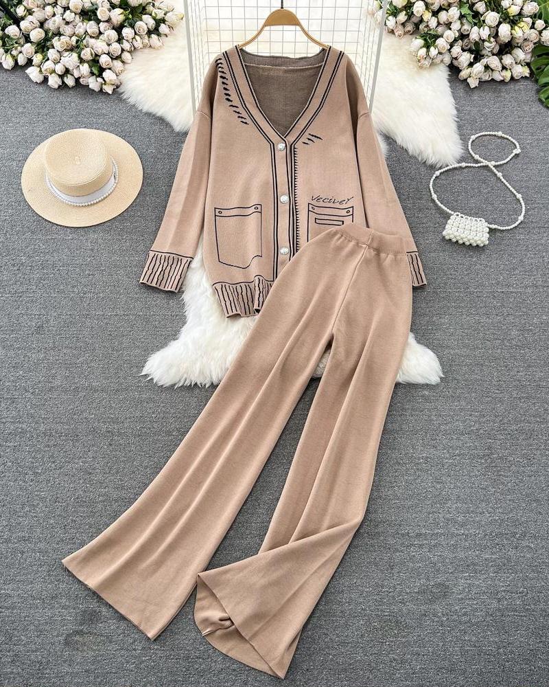 Cartoon Graphic Pattern Knit Cardigan & Wide Leg Pants Set