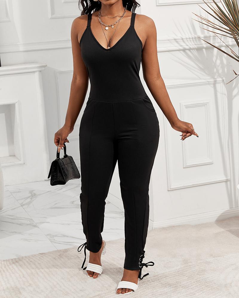 U-Neck Sleeveless Pocket Design Jumpsuit