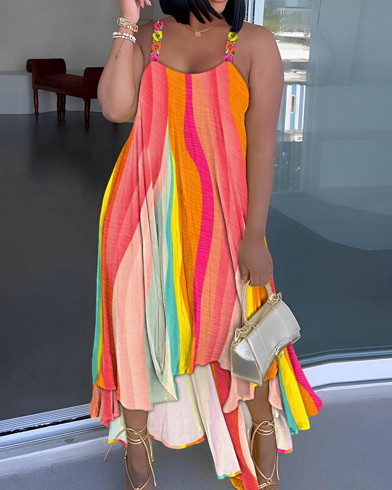 Casual Dresses  ChicMe Plus Size Rainbow Colorblock Chain Strap Asymmetrical Casual Dress
