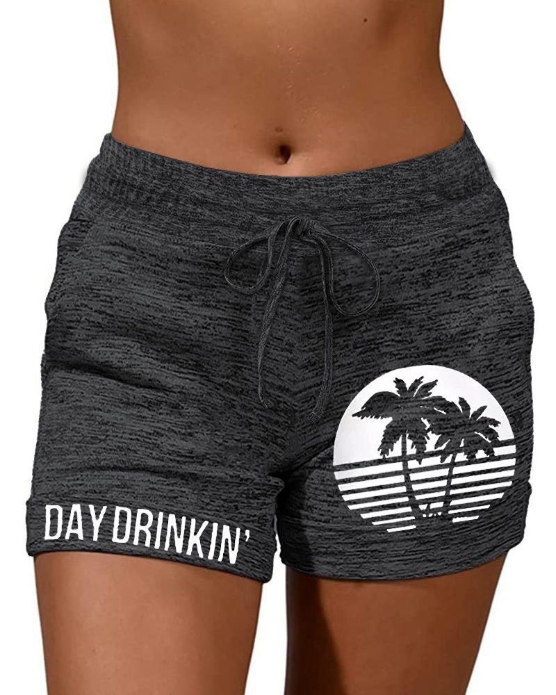  Coconut Tree Landscape Letter Print Pocket Design Shorts