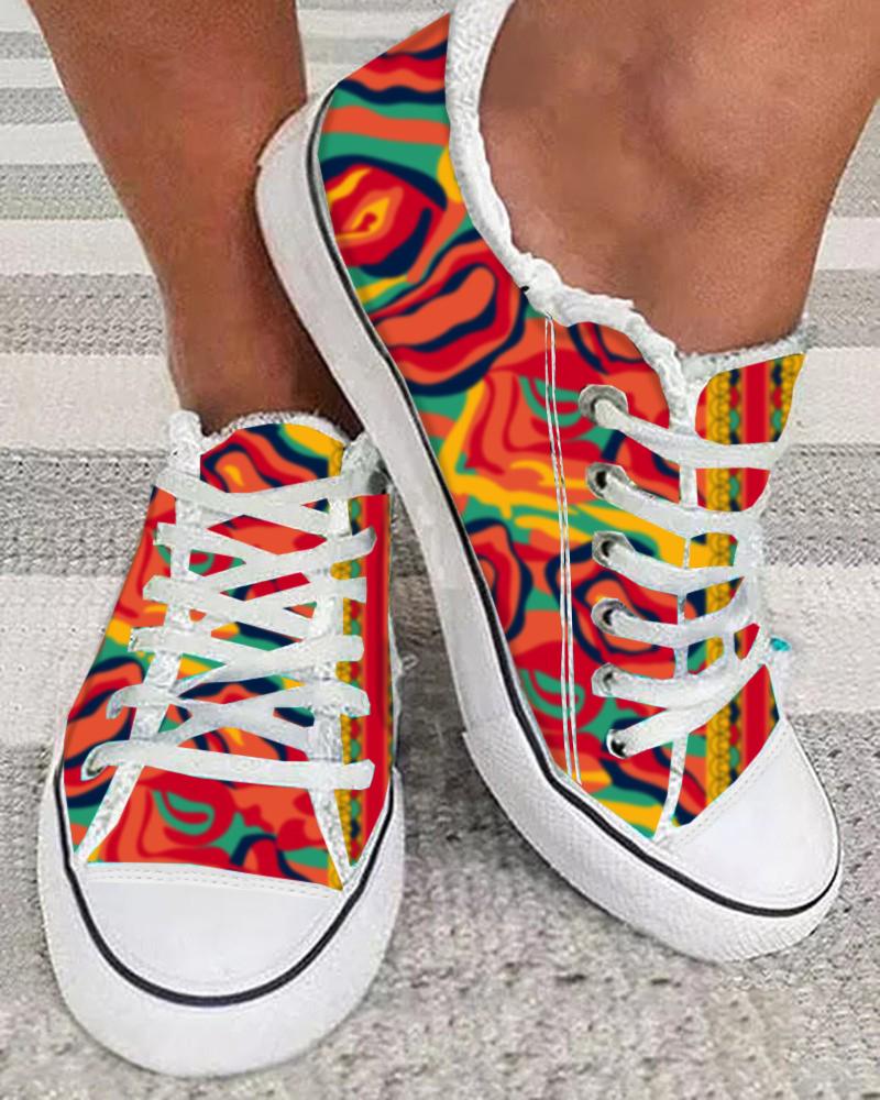 Multi-Color Abstract Print Raw Hem Lace-up Sneakers