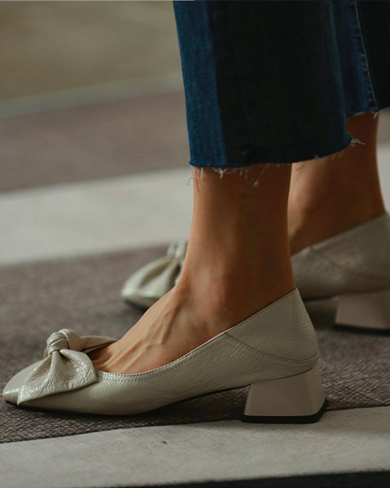 Square Toe Bowknot Front Chunky Heels