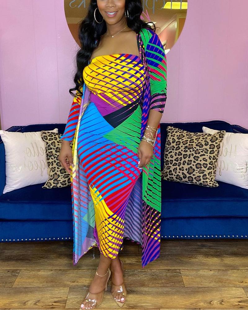 Abstract Print Tube Dress With Longline Coat