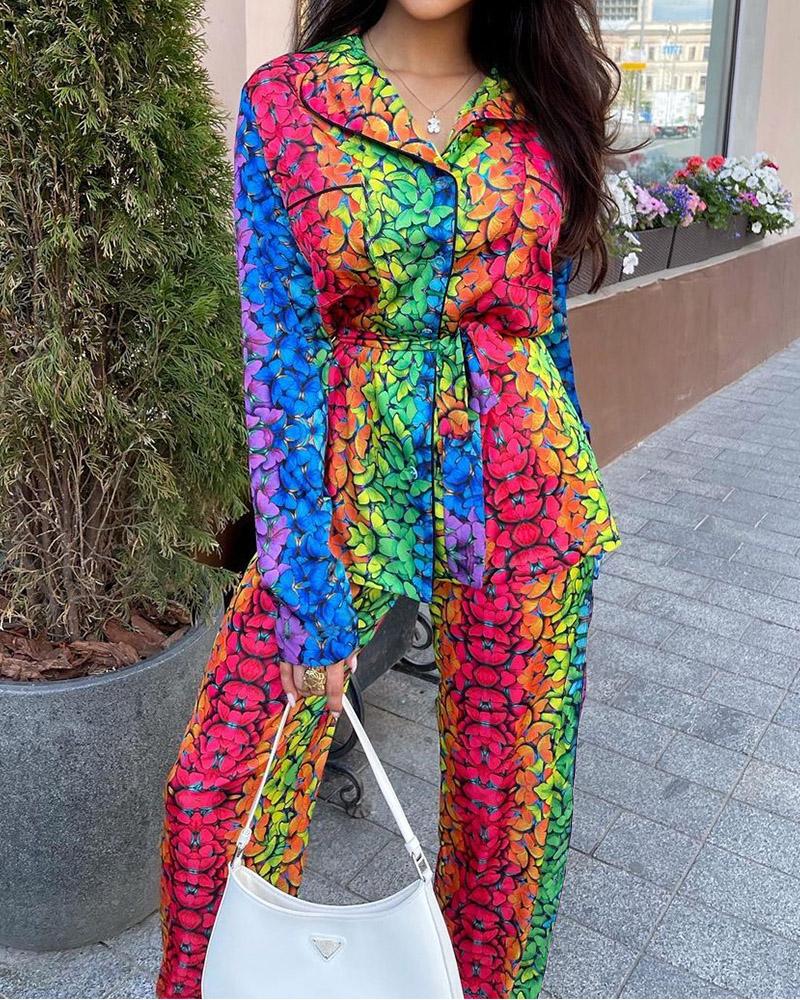 Butterfly Print Button Long Sleeve Pajamas Set