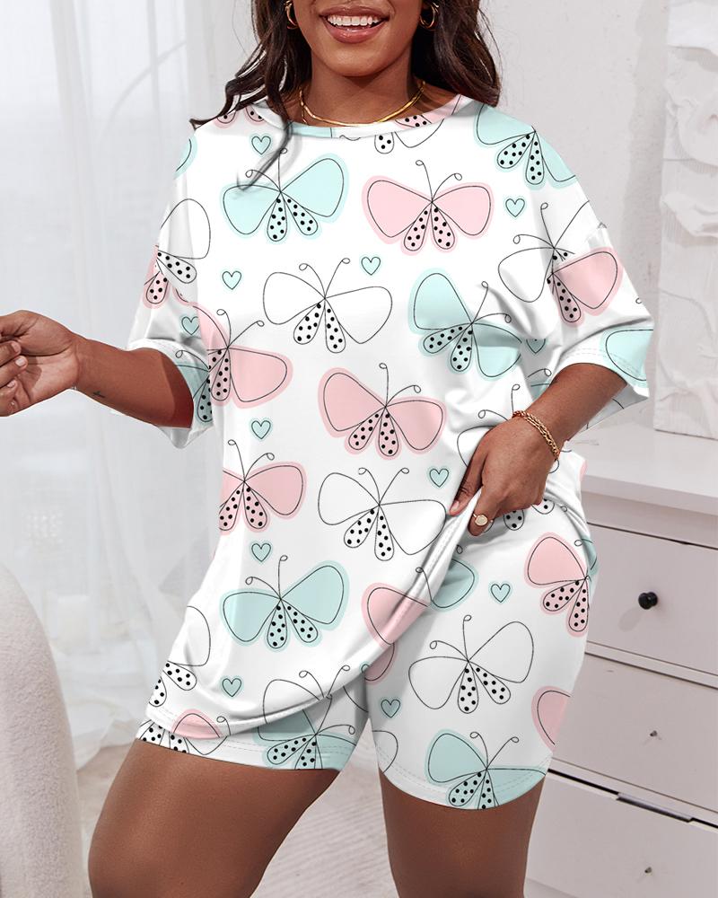 Plus Size Butterfly Print Short Sleeve Pajamas Set