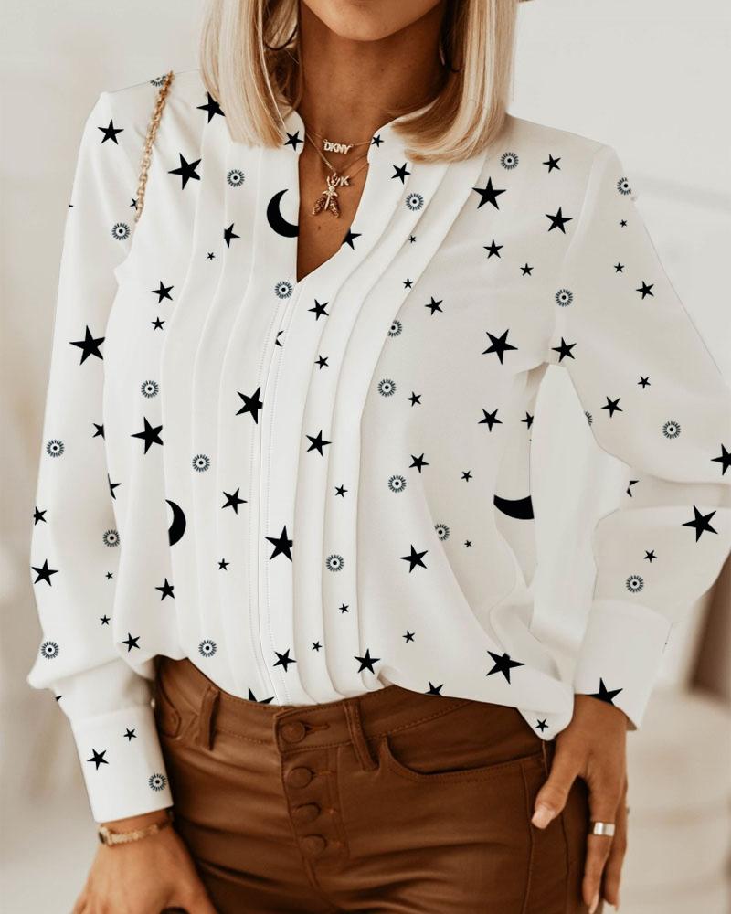 Star Moon Print Ruched Long Sleeve Top