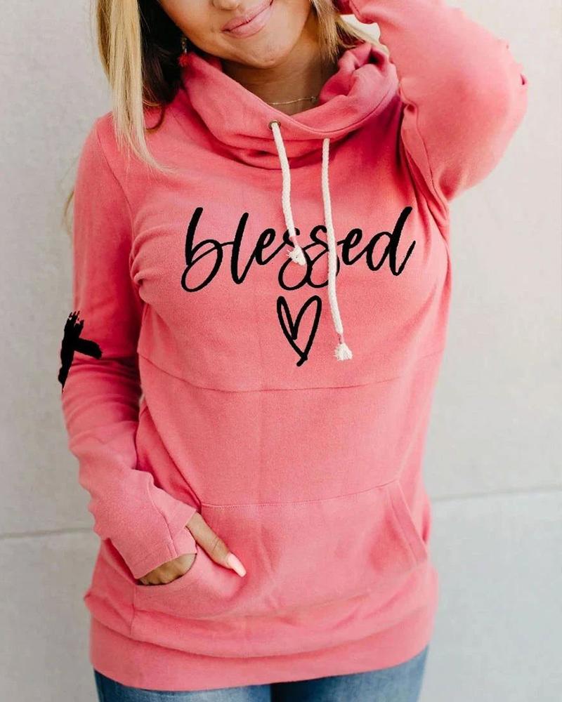 Letter Heart Print Drawstring Hooded Long Sleeve Pocket Sweatshirt