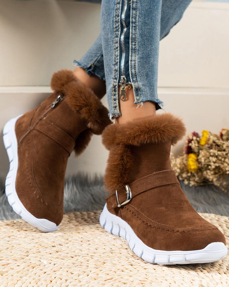 Fuzzy Trim Buckled Lined Snow Boots