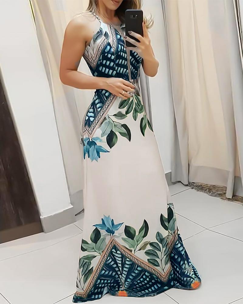 Tropical Print Spaghetti Strap Maxi Dress